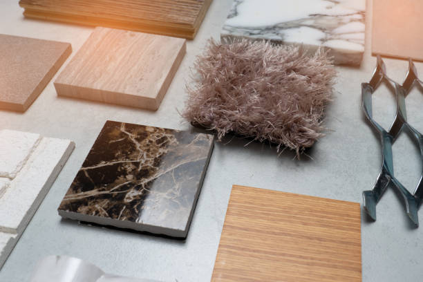 istock samples of material, wood , on concrete table.Interior design select material for idea. 1054582754