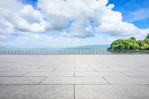 istock Empty floor and beautiful mountain with lake 1054583814