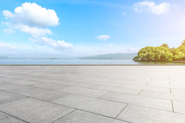 istock Empty floor and beautiful mountain with lake 1054585864