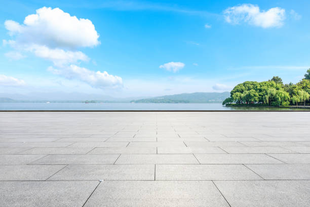 istock Empty floor and beautiful mountain with lake 1054585866