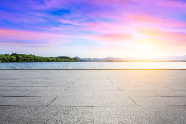 istock Empty floor and beautiful mountain with lake 1054586046
