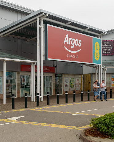 Bristol, England - May 28, 2018: Entrance to Argos Store, Bristol Imperial Park, modern architecture shallow depth of field