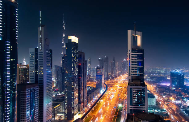 istock Dubai downtown night view with modern skyscrapers 1054589812