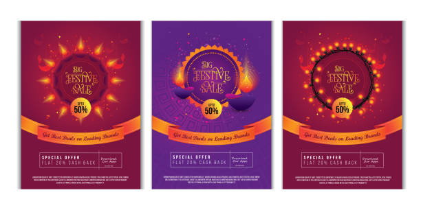 illustrazioni stock, clip art, cartoni animati e icone di tendenza di diwali festival offre un set di modelli di design poster flyer - traditional culture branding business marketing
