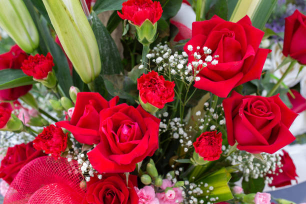 istock Red Artificial Bouquet Flower decor in ceremony. 1054596556