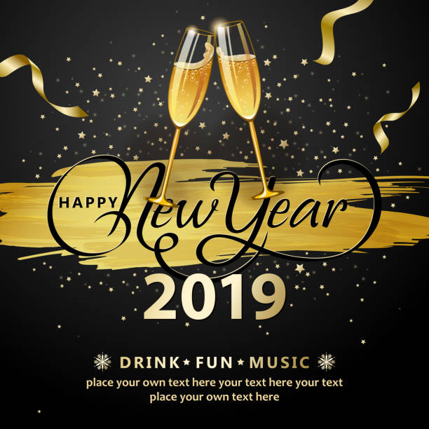 2019 New Year Wine Glasses Toasting Join the countdown party on the New Year's Eve of 2019 with wine glasses toasting on black background of gold colored paint brush, ribbon and stars new years eve party stock illustrations