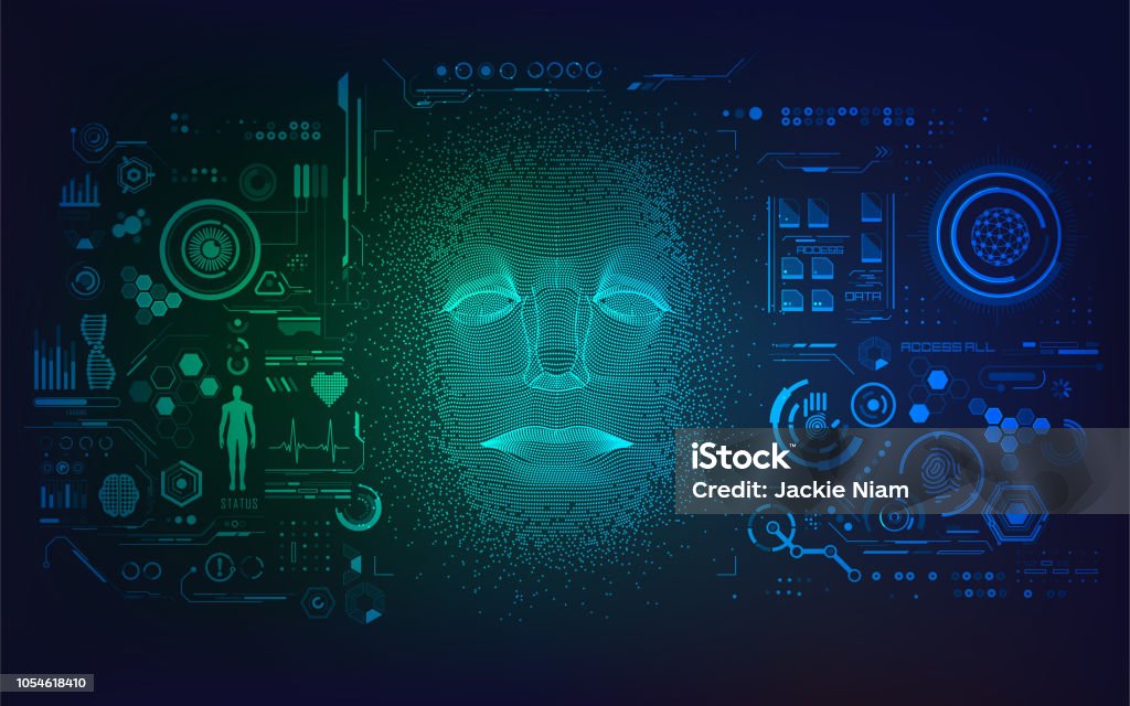 aiFace2 concept of artificial intelligence or biometrics, shape of human face with digital technology interface Human Face stock vector