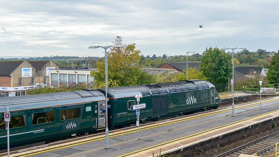 Chippenham, England - Oct 13, 2018: Great Western Railway Train at Chippenham Train Station, View from top, shallow depth of field horizontal photography