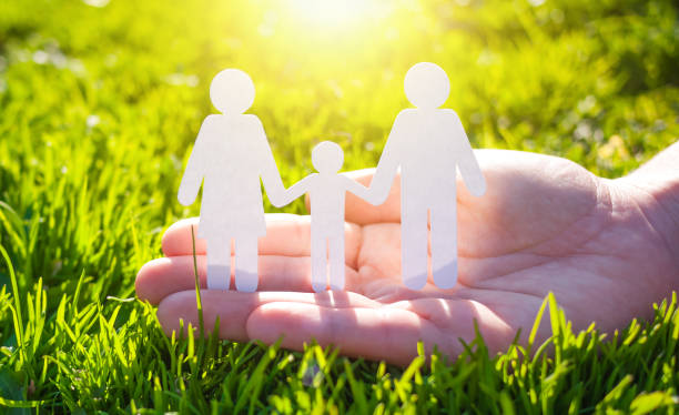 istock Paper family in hand on green grass background 1054624006