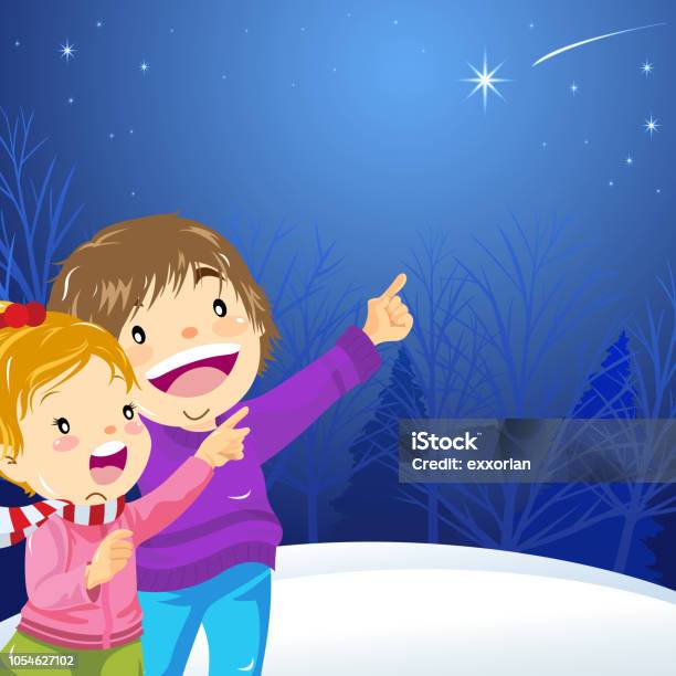 Kids Pointing The Star At The Sky Stock Illustration - Download Image Now - Child, Pointing, Girls