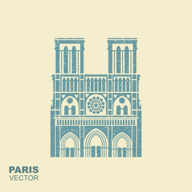 巴黎聖母院, 法國。具有扭打效果的平面圖標 - notre dame 幅插畫檔、美工圖案、卡通及圖標