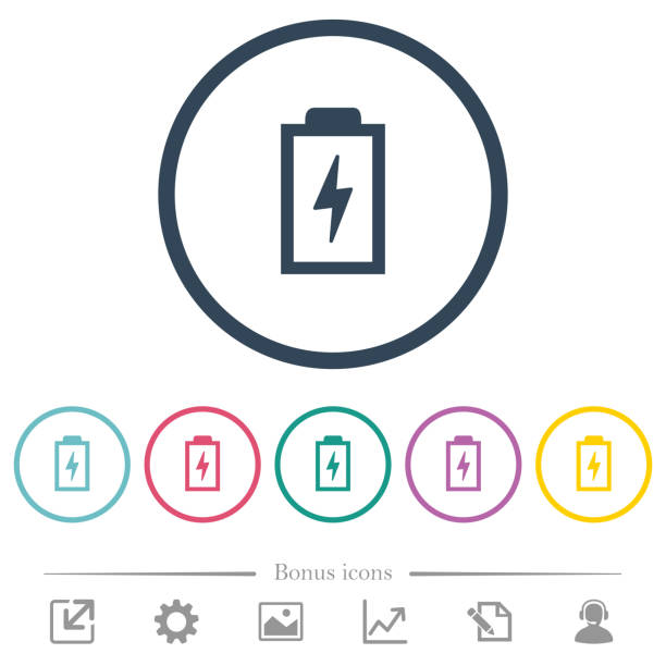 batterie mit energie symbol flache farbige icons in runde konturen - blitzbeleuchtung grafiken stock-grafiken, -clipart, -cartoons und -symbole