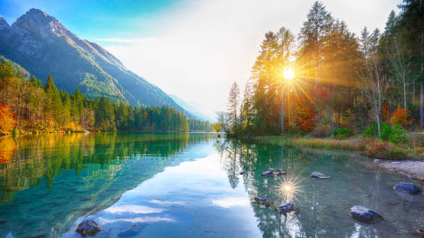 Fantastic autumn sunset of Hintersee lake