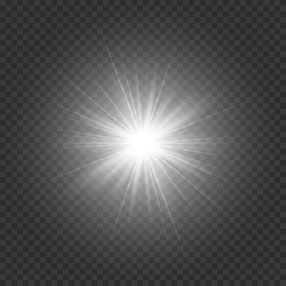 Bright star with silver rays on a transparent background. Vector illustration with light effect