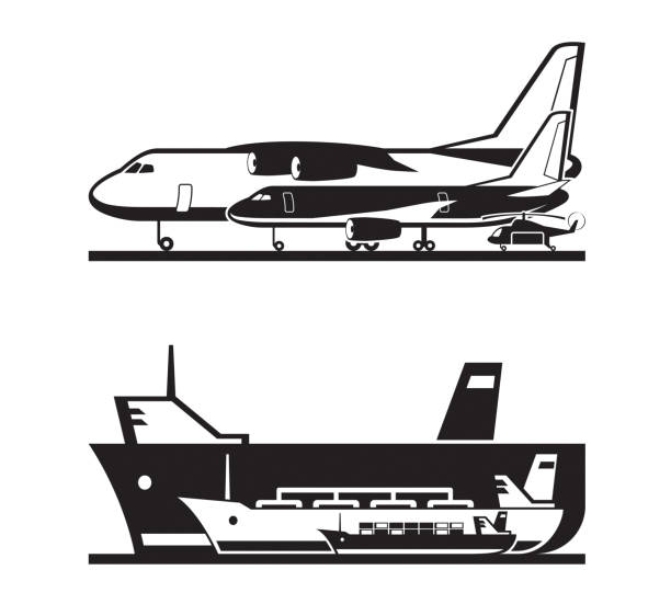 illustrazioni stock, clip art, cartoni animati e icone di tendenza di trasporto merci via mare e per via aerea - helicopter air vehicle business cargo container