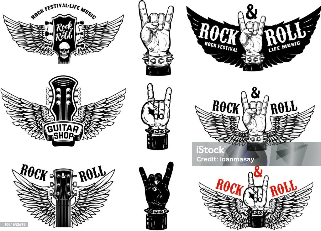 Set of vintage rock music fest emblems. Hand with Rock and roll sign with wings. Design element for label, sign, poster, t shirt. Set of vintage rock music fest emblems. Hand with Rock and roll sign with wings. Design element for  label, sign, poster, t shirt. Vector illustration Rock Music stock vector