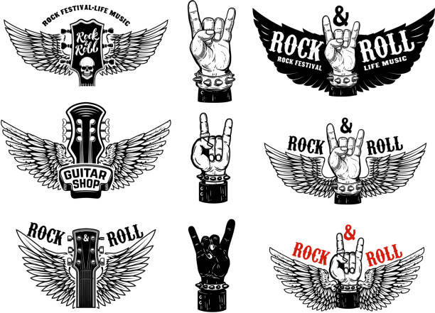 Set of vintage rock music fest emblems. Hand with Rock and roll sign with wings. Design element for label, sign, poster, t shirt. Set of vintage rock music fest emblems. Hand with Rock and roll sign with wings. Design element for  label, sign, poster, t shirt. Vector illustration wings tattoos stock illustrations