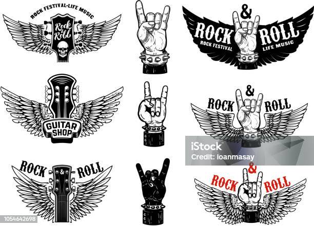 Set Of Vintage Rock Music Fest Emblems Hand With Rock And Roll Sign With Wings Design Element For Label Sign Poster T Shirt Stock Illustration - Download Image Now