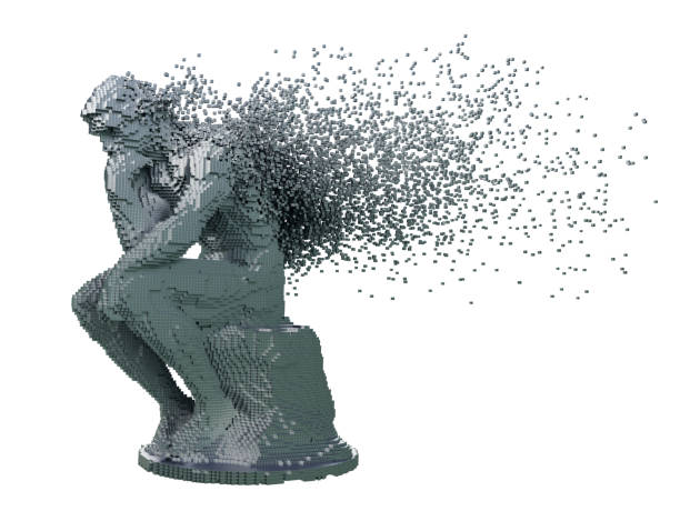 istock Desintegration Of Digital Metal Sculpture Thinker On White Background 1054645264