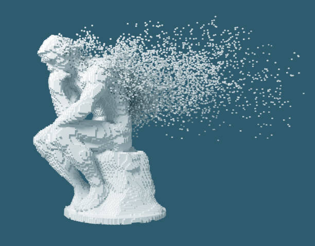 istock Desintegration Of Digital Sculpture Thinker On Blue Background 1054645274