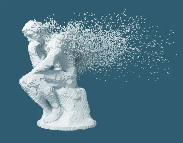 Desintegration Of Digital Sculpture Thinker On Blue Background. 3D Illustration.