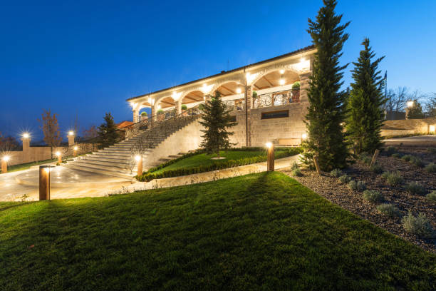 istock Exterior of rustic house, villa by night 1054645910