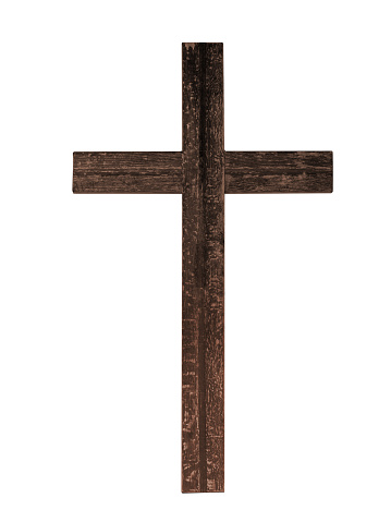 Cruz de madera rústico antiguo aislado sobre fondo blanco. Fe cristiana. photo