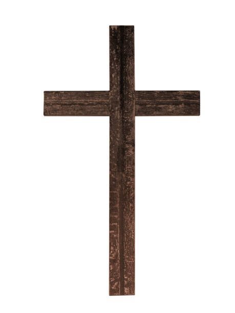 Old rustic wooden cross isolated on white background. Christian faith. Bit tattered. cross stock pictures, royalty-free photos & images