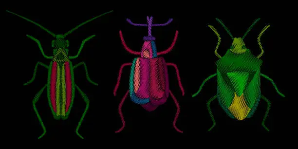 Vector illustration of Embroidered beetle set.