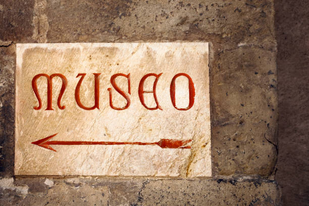 Museum sign on stone building facade, spanish language. Copy space on the right side of the image. León,Castilla y León, Spain.