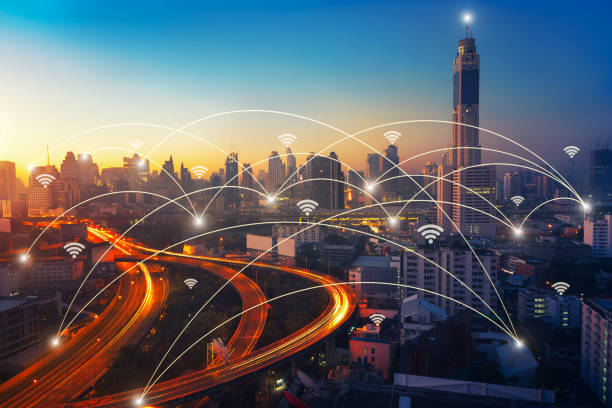 istock Network connection line between building over of cityscape background network and connection concept 1054663368