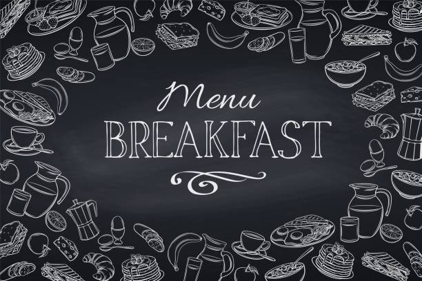 Breakfast and brunch frame Breakfast and brunch vector illustration. Dairy product icons. Engraving yogurt, milk, cottage cheese and smoothies. Sketch butter, sour cream, camembert and whipped cream. Chalkboard style. lunch borders stock illustrations