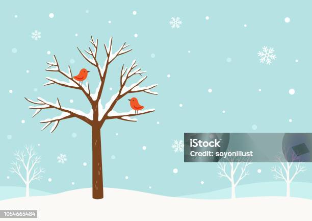 Winter Backgroundwinter Tree With Cute Red Birds Stock Illustration - Download Image Now - Winter, Snow, Backgrounds