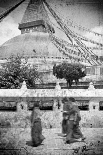 Old nostalgic photo of Nepal This photograph is worn out with digital technology effects. black and white travel travel destinations monk stock pictures, royalty-free photos & images