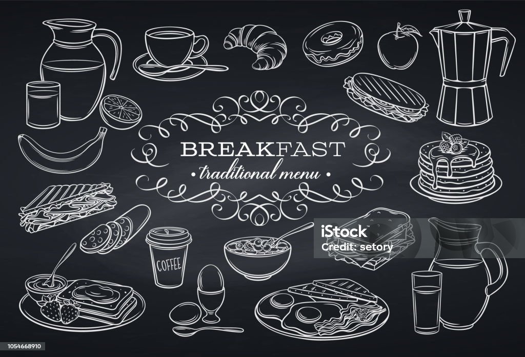 set breakfast icons on chalkboard Hand drawn set breakfast icons on chalkboard. Jug of milk, coffee pot, cup, juice, sandwich and fried eggs. Pancakes, toast with jam, croissant, cheese and flakes with milk. Vector illustration. Breakfast stock vector