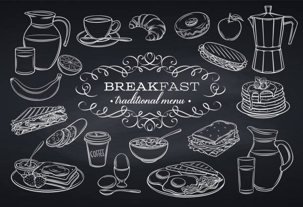 set breakfast icons on chalkboard Hand drawn set breakfast icons on chalkboard. Jug of milk, coffee pot, cup, juice, sandwich and fried eggs. Pancakes, toast with jam, croissant, cheese and flakes with milk. Vector illustration. croissant illustrations stock illustrations