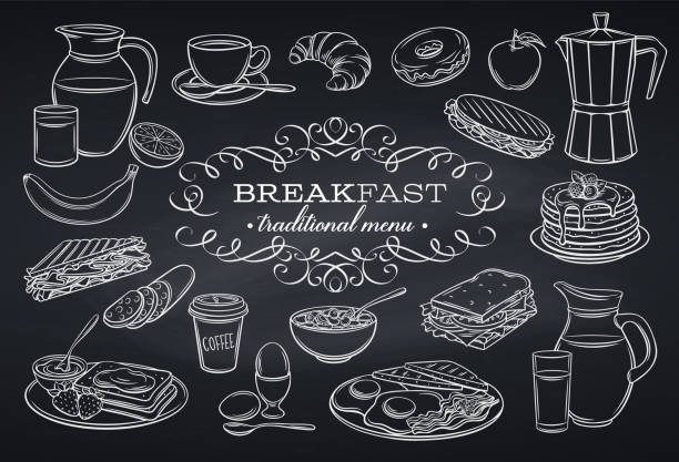 set breakfast icons on chalkboard Hand drawn set breakfast icons on chalkboard. Jug of milk, coffee pot, cup, juice, sandwich and fried eggs. Pancakes, toast with jam, croissant, cheese and flakes with milk. Vector illustration. baked pastry item stock illustrations