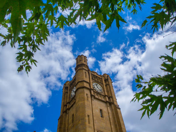 torre do relógio de universidade de melbourne - melbourne australia clock tower clock - fotografias e filmes do acervo