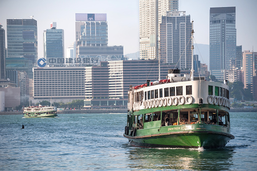 Hong Kong - March 12, 2023 : Sun Ferry (Hung Hom - North Point) ferry service in Hong Kong. Sun Ferry is a ferry service company in Hong Kong.