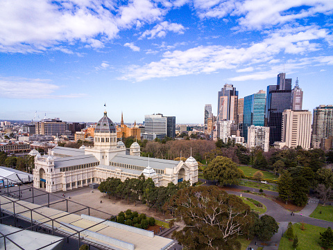 Australia: Aerial view of the Royal Exhibition building and Melbourne city skyline, Australia