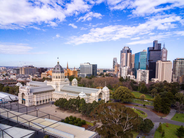 Royal Exhibition building and Melbourne city skyline stock photo