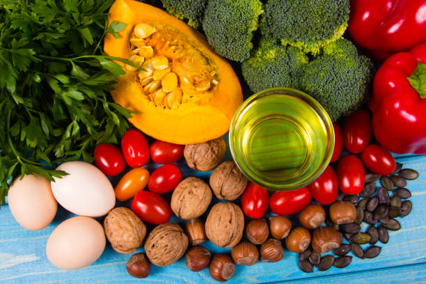 istock Healthy food, dieting concept. Assortment of high vitamin E sources. 1054676532