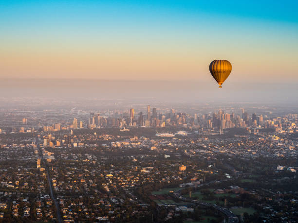 Hot Air Balloon above Melbourne city skyline stock photo