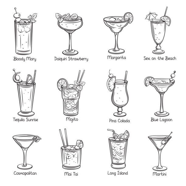 ilustrações de stock, clip art, desenhos animados e ícones de set of tropical cocklails - margarita cocktail drink umbrella drink