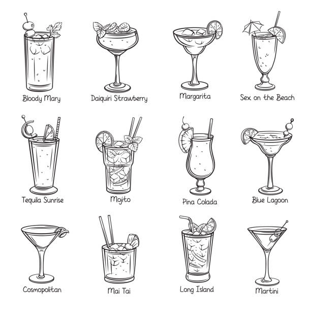 Set of tropical cocklails Set of tropical cocklails. Summer alcoholic drinks. Engraving holiday and beach party vector illustration. Long island, bloody mary, cosmopolitan, margarita, mai tai, pina colada, blue lagoon and etc. alcohol drink illustrations stock illustrations