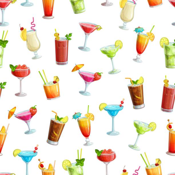 ilustrações de stock, clip art, desenhos animados e ícones de alcoholic cocklails seamless pattern - margarita cocktail drink umbrella drink