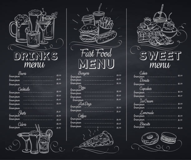 Template chalkboard menu cafe Template chalkboard menu cafe design. Banners with fast food, pastry and alcoholic. Engraving vector illustration. menu stock illustrations