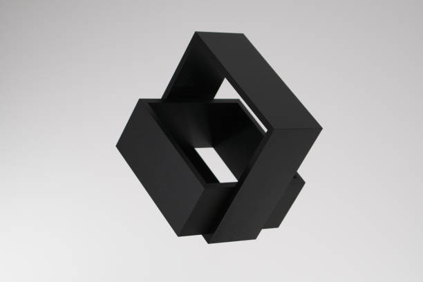 black square in a square isolated on grey, freestanding structures on grey background, black and white,