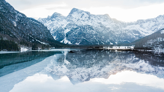 mountain reflection in a frozen lake, almlake Austria, mountain reflection,