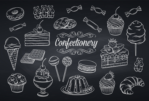 Hand drawn set confectionery and sweets icons on chalkboard. Dessert, lollipop, ice cream with candies, macaron and pudding. Donut and cotton candy, muffin, waffles, biscuits and jelly. Vector illustration.